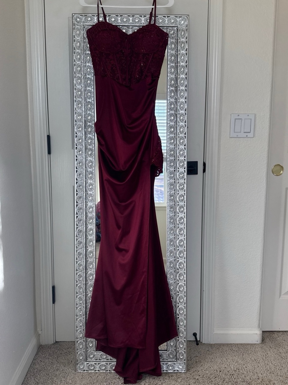 Windsor Deep Burgundy Lace Bodice Satin Prom Gown